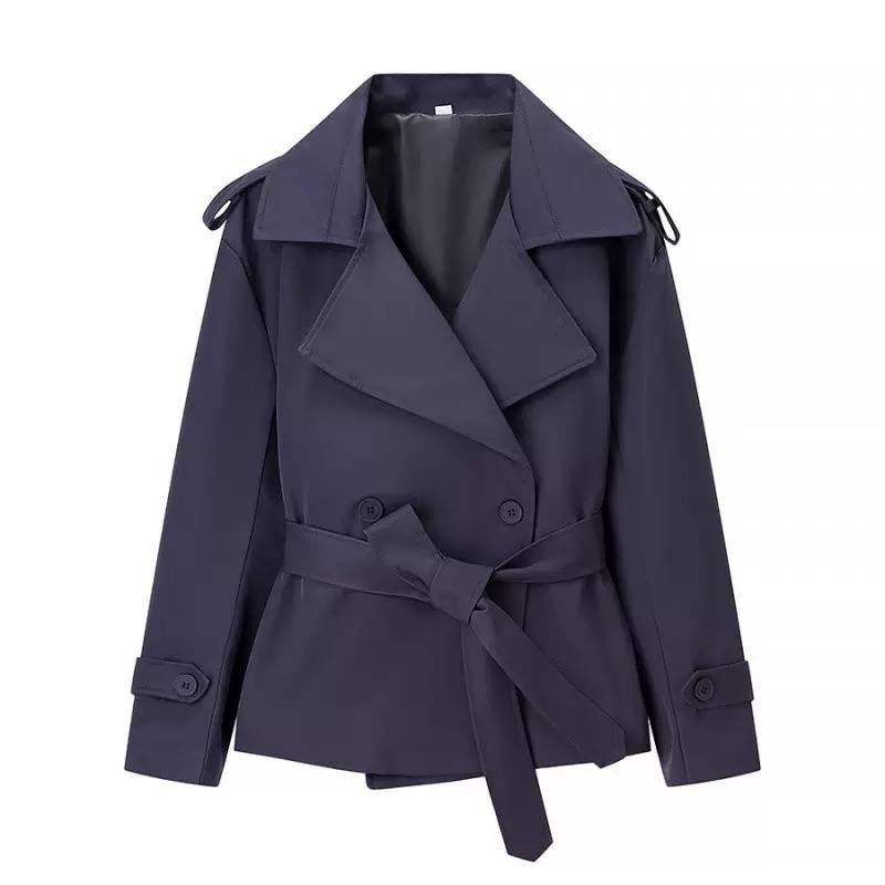 Belted Short Trench Jacket With Wide Notched Lapels – Navy