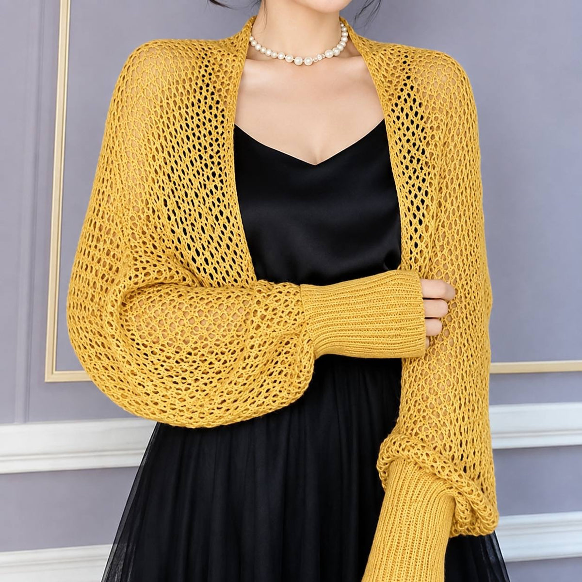 Open-Knit Cropped Cardigan With Long Sleeves And Ribbed Cuffs – Mustard Yellow