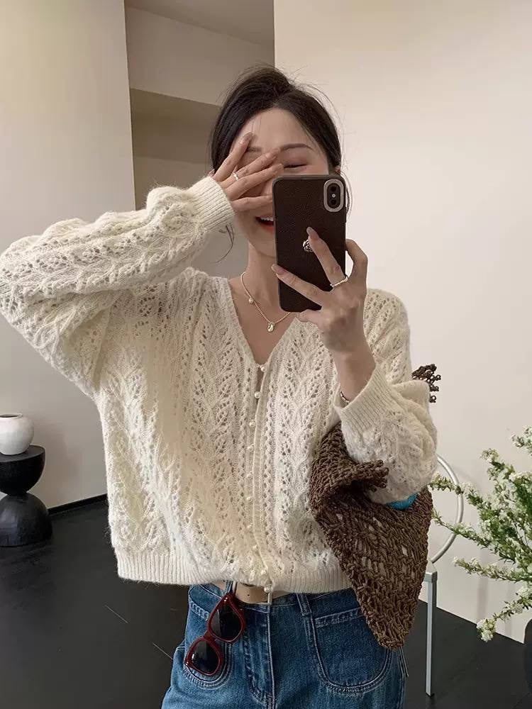 Openwork V-Neck Button-Front Cardigan With Long Sleeves – Cream