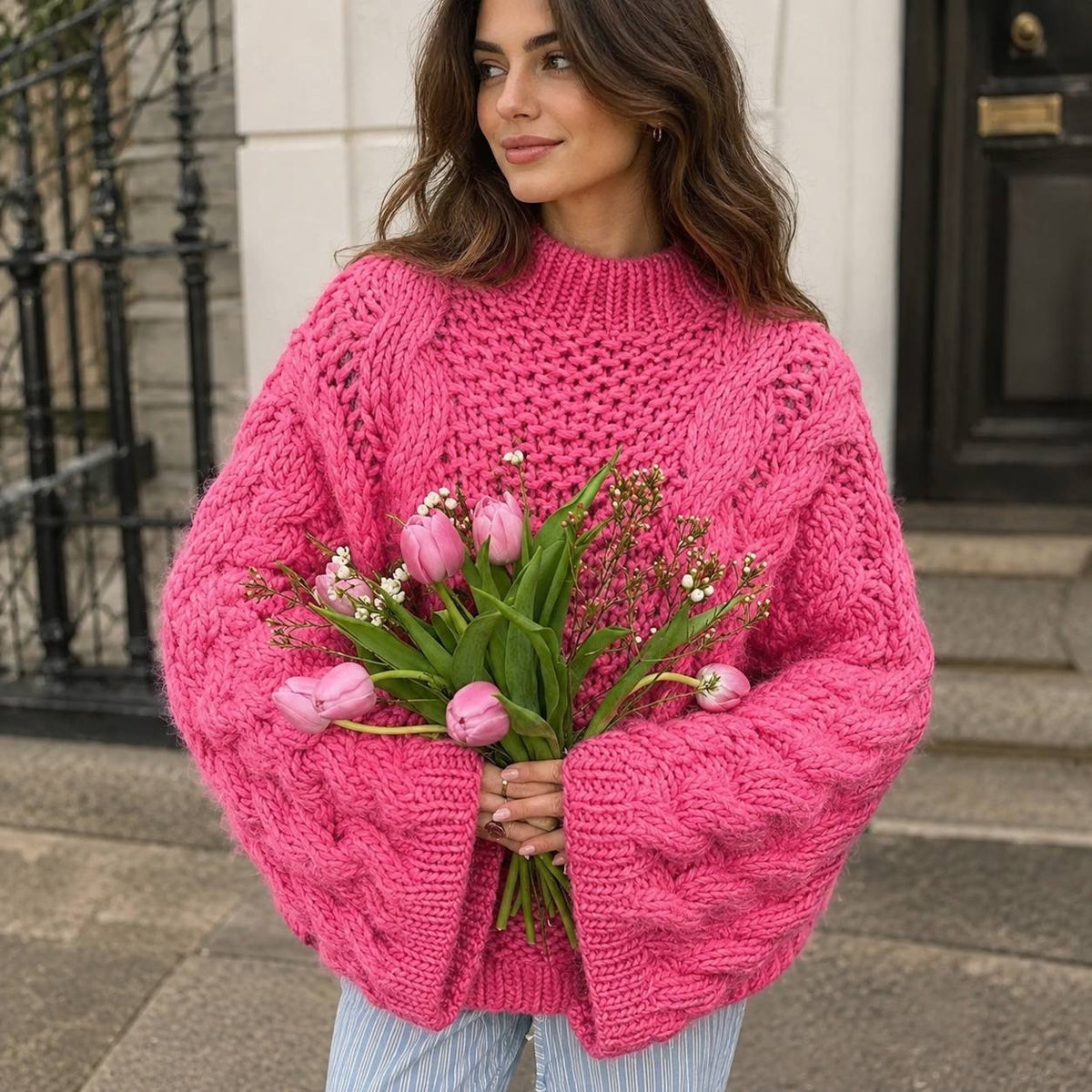 Oversized Cable Knit Sweater With Wide Sleeves – Pink