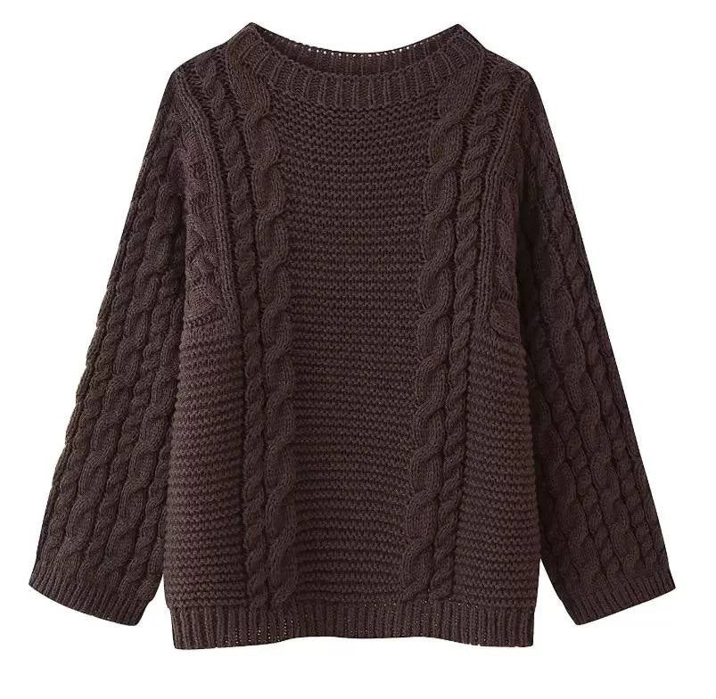 Oversized Cable Knit Sweater With Wide Sleeves – Dark Brown
