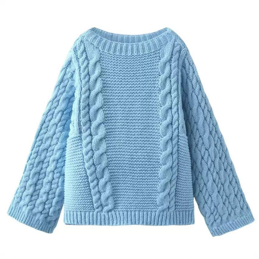 Oversized Cable Knit Sweater With Wide Sleeves – Light Blue