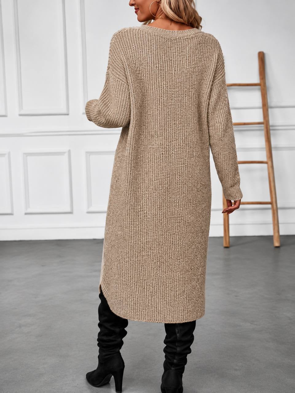 Longline Crewneck Sweater With Asymmetric Wrap Front – Beige