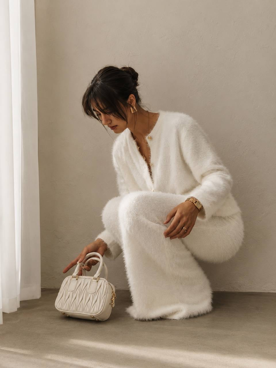 Fuzzy Button-Front Cardigan and Maxi Skirt Set – White