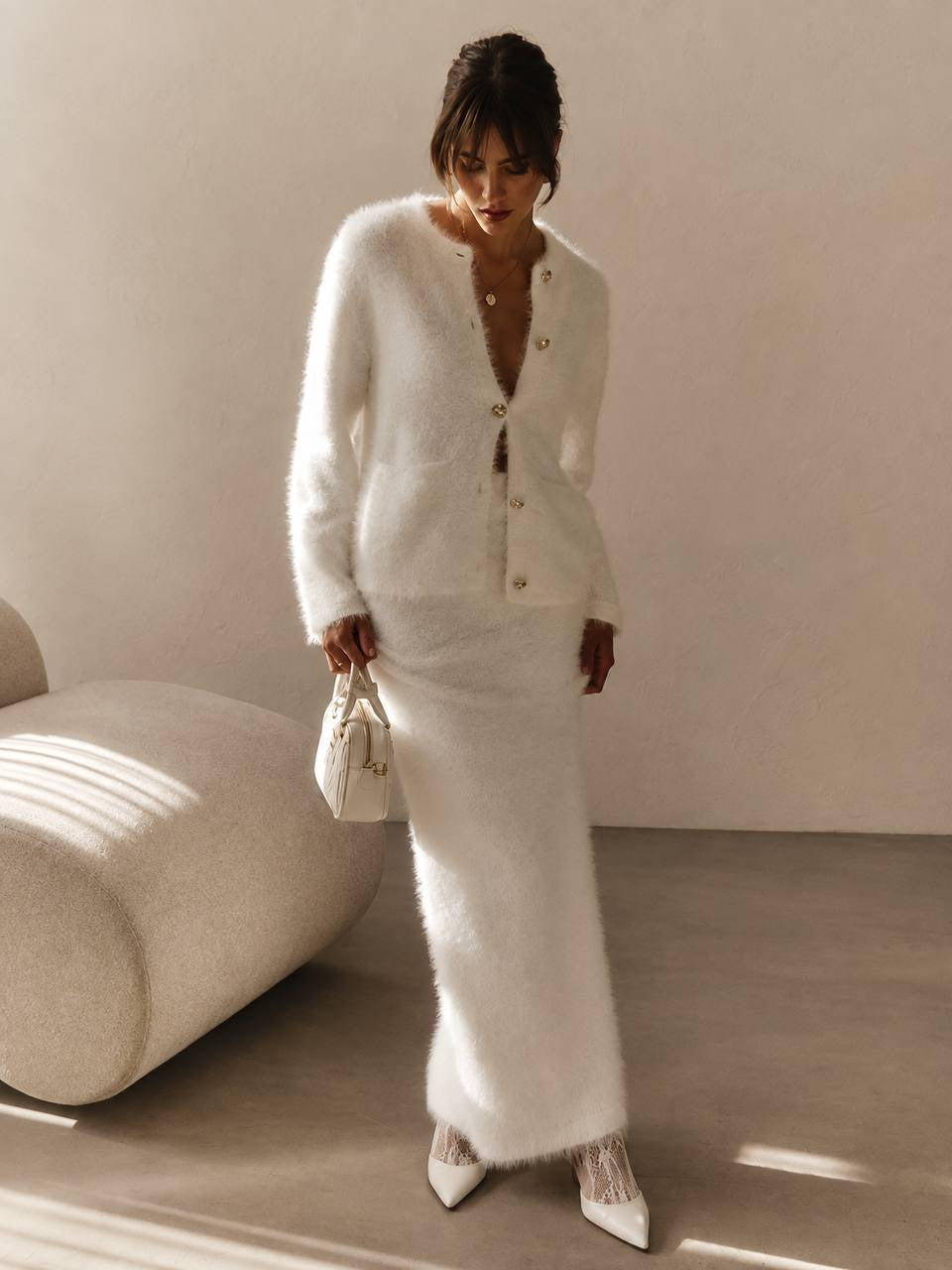 Fuzzy Button-Front Cardigan and Maxi Skirt Set – White