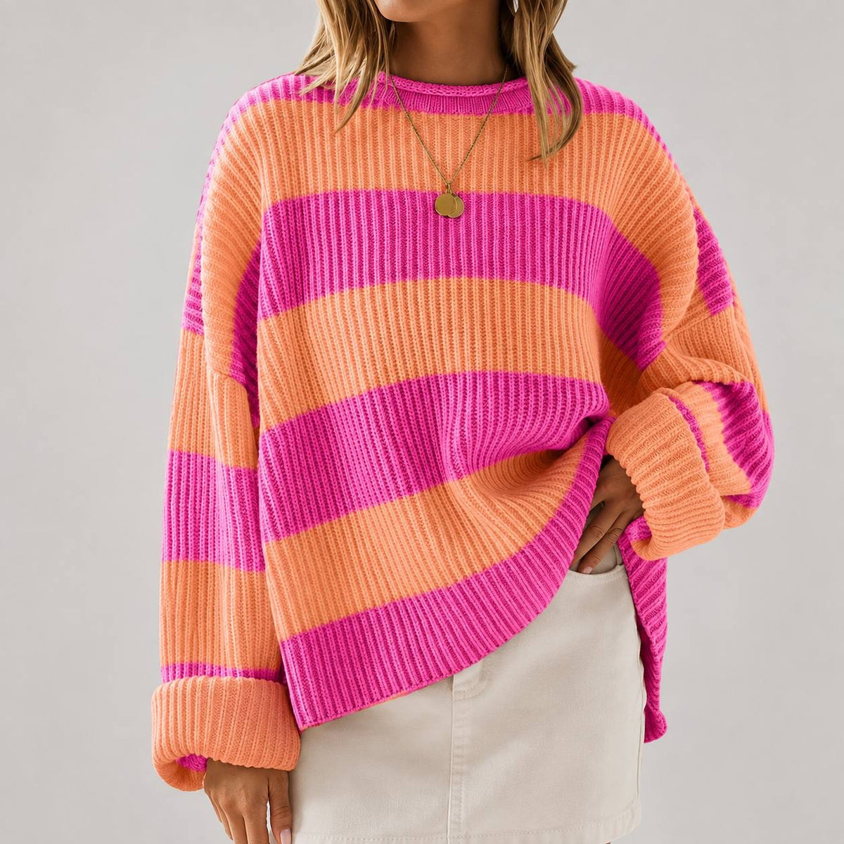 Oversized Striped Crewneck Sweater With Drop-Shoulder Long Sleeves – Pink And Orange Stripe
