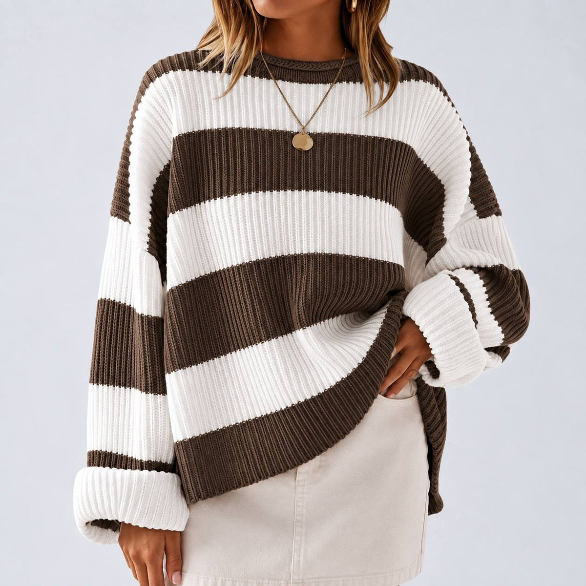 Oversized Striped Crewneck Sweater With Drop-Shoulder Long Sleeves – Brown And White Stripe