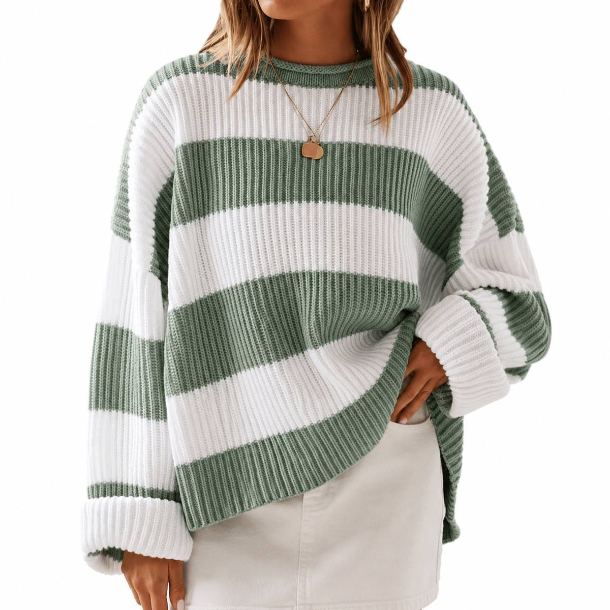 Oversized Striped Crewneck Sweater With Drop-Shoulder Long Sleeves – Green And White Stripe
