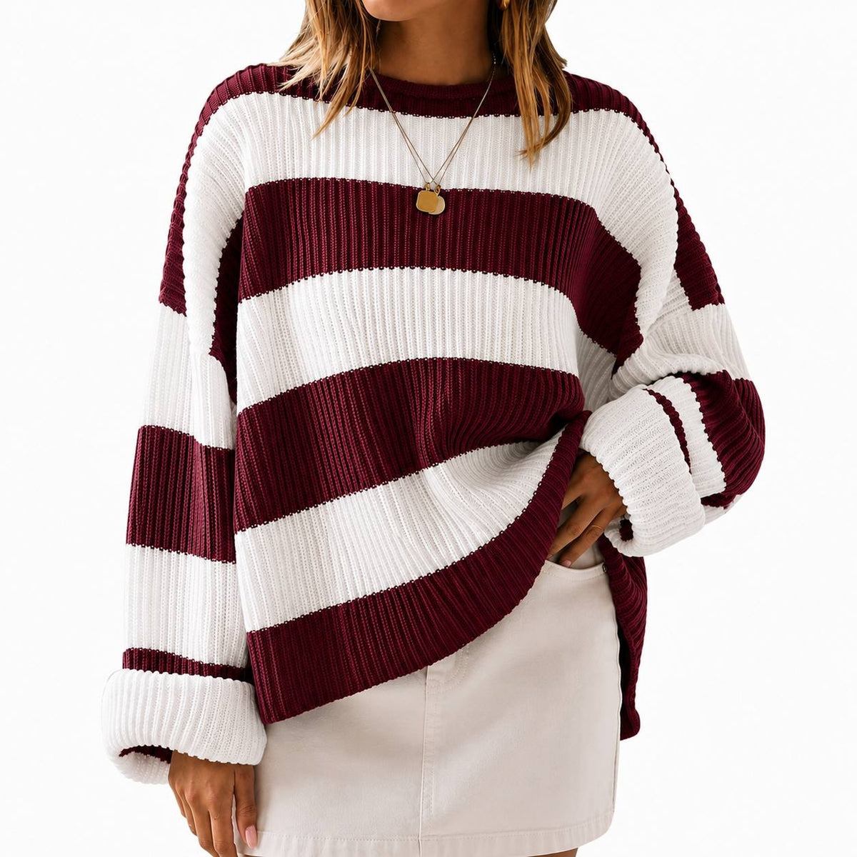 Oversized Striped Crewneck Sweater With Drop-Shoulder Long Sleeves – Burgundy And White Stripe