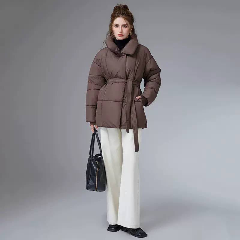 Belted Puffer Jacket With High Collar and Pockets – Brown