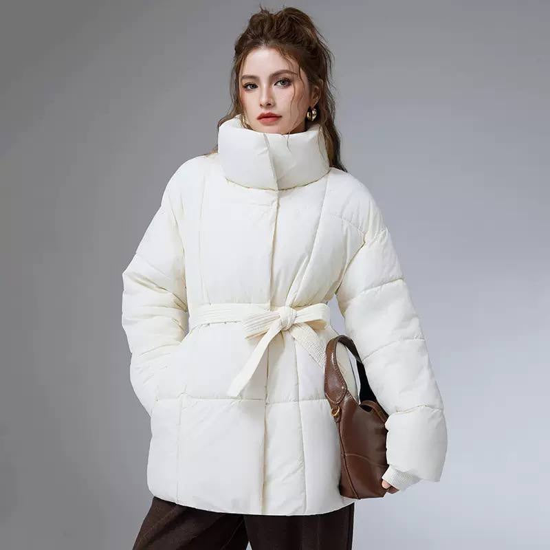Belted Puffer Jacket With High Collar and Pockets – White