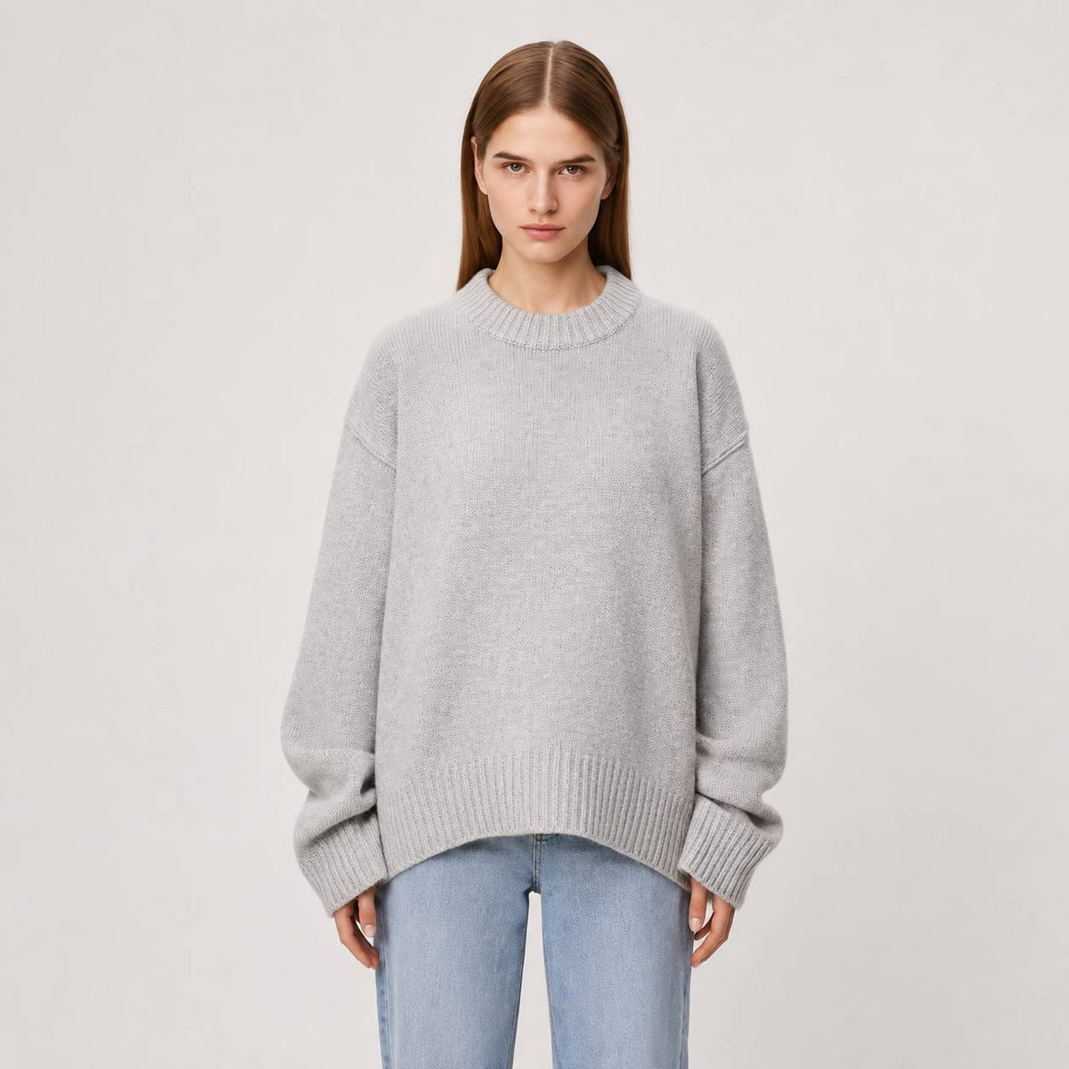Oversized Crewneck Sweater With Dropped Shoulders and Ribbed Trim – Light Grey