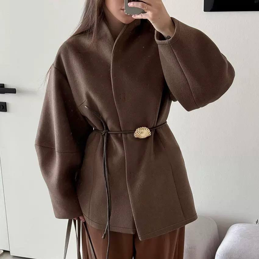 Belted Wrap Coat With Voluminous Long Sleeves – Brown