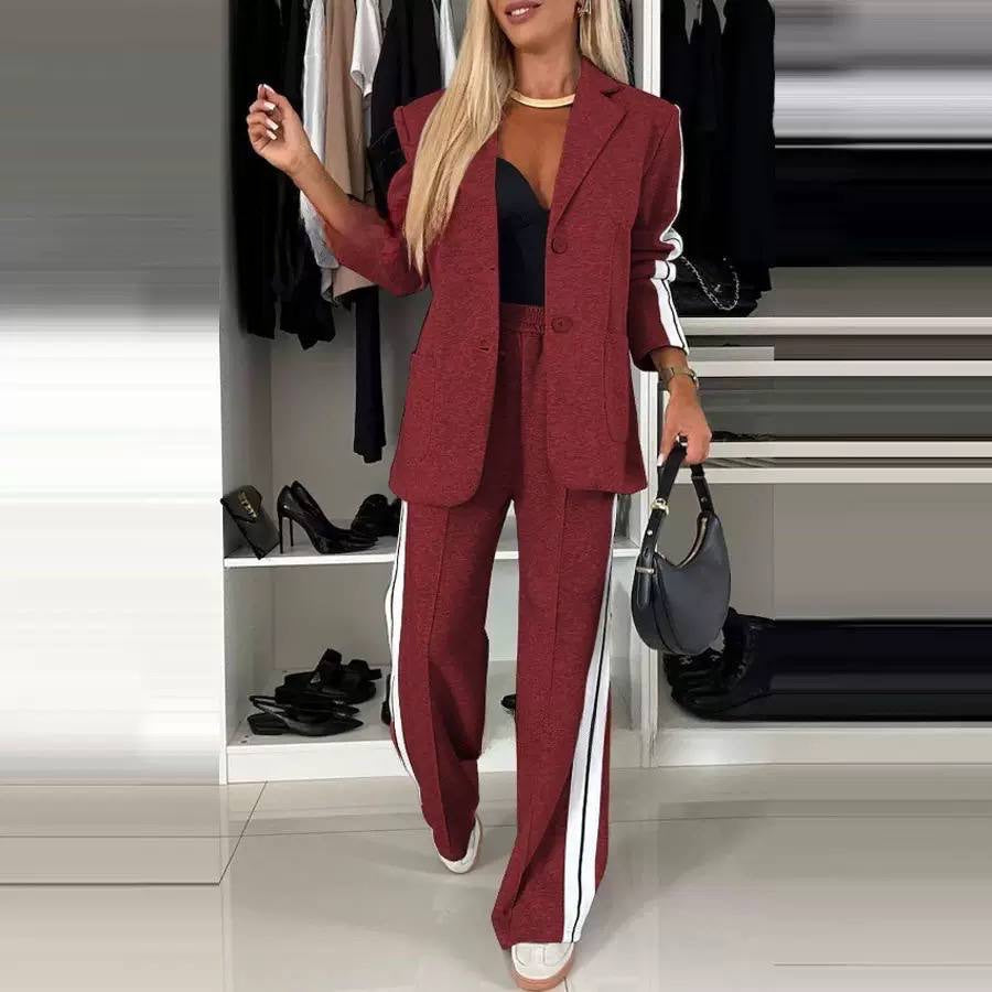 Contrast Stripe Blazer and Wide Leg Pants Set – Burgundy