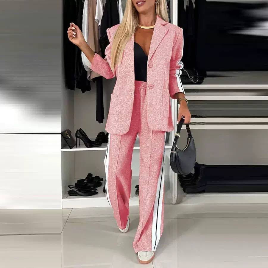 Contrast Stripe Blazer and Wide Leg Pants Set – Pink