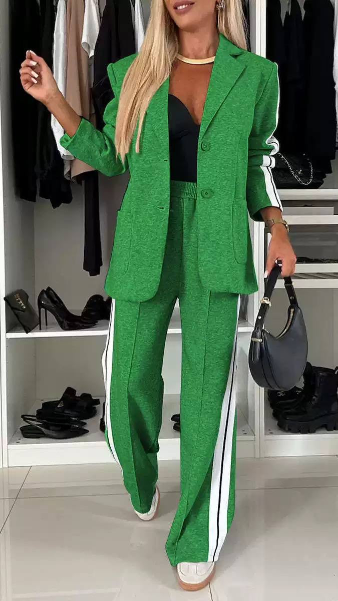 Contrast Stripe Blazer and Wide Leg Pants Set – Green