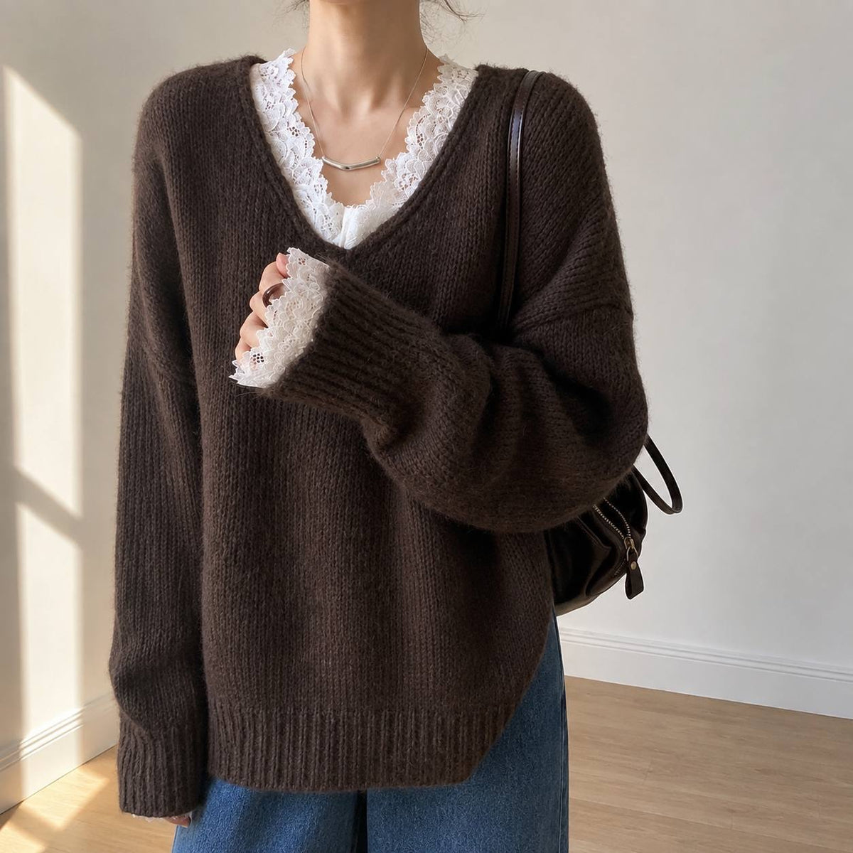 Oversized V-Neck Sweater With Dropped Shoulders And Ribbed Trim – Brown