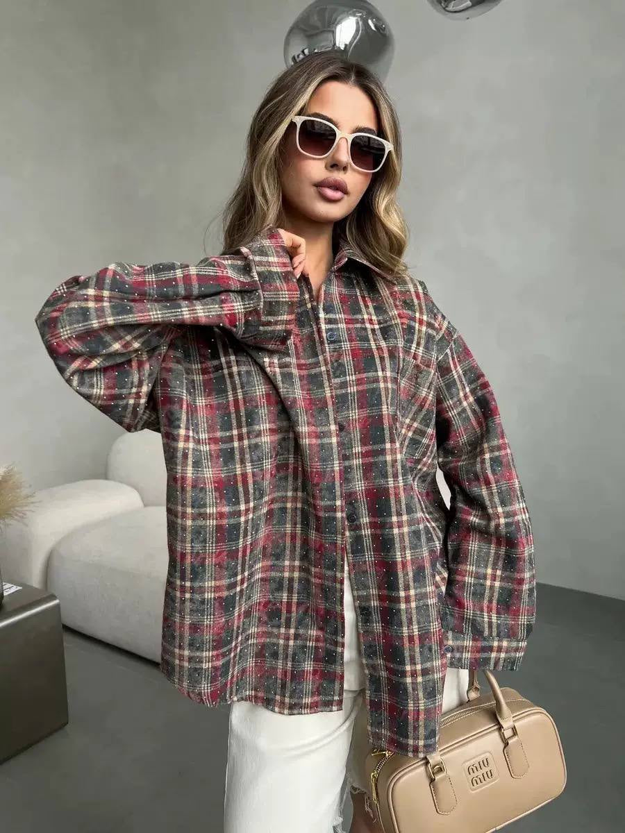 Oversized Plaid Button-Front Shirt With Chest Pockets – Burgundy Plaid