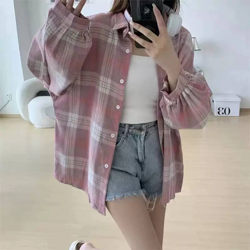 Oversized Plaid Button-Front Shirt With Balloon Sleeves – Pink Plaid