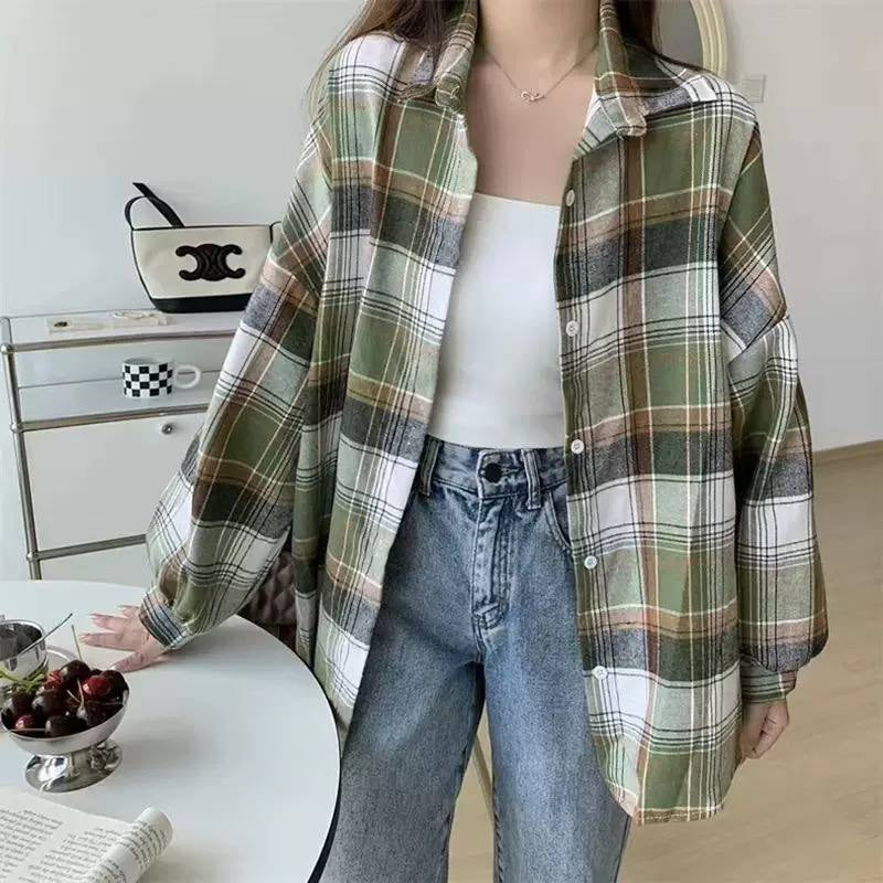 Oversized Plaid Button-Front Shirt With Balloon Sleeves – Green Plaid