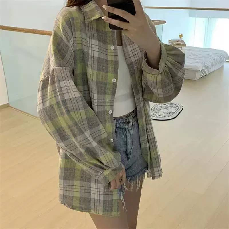 Oversized Plaid Button-Front Shirt With Balloon Sleeves – Grey And Yellow Plaid