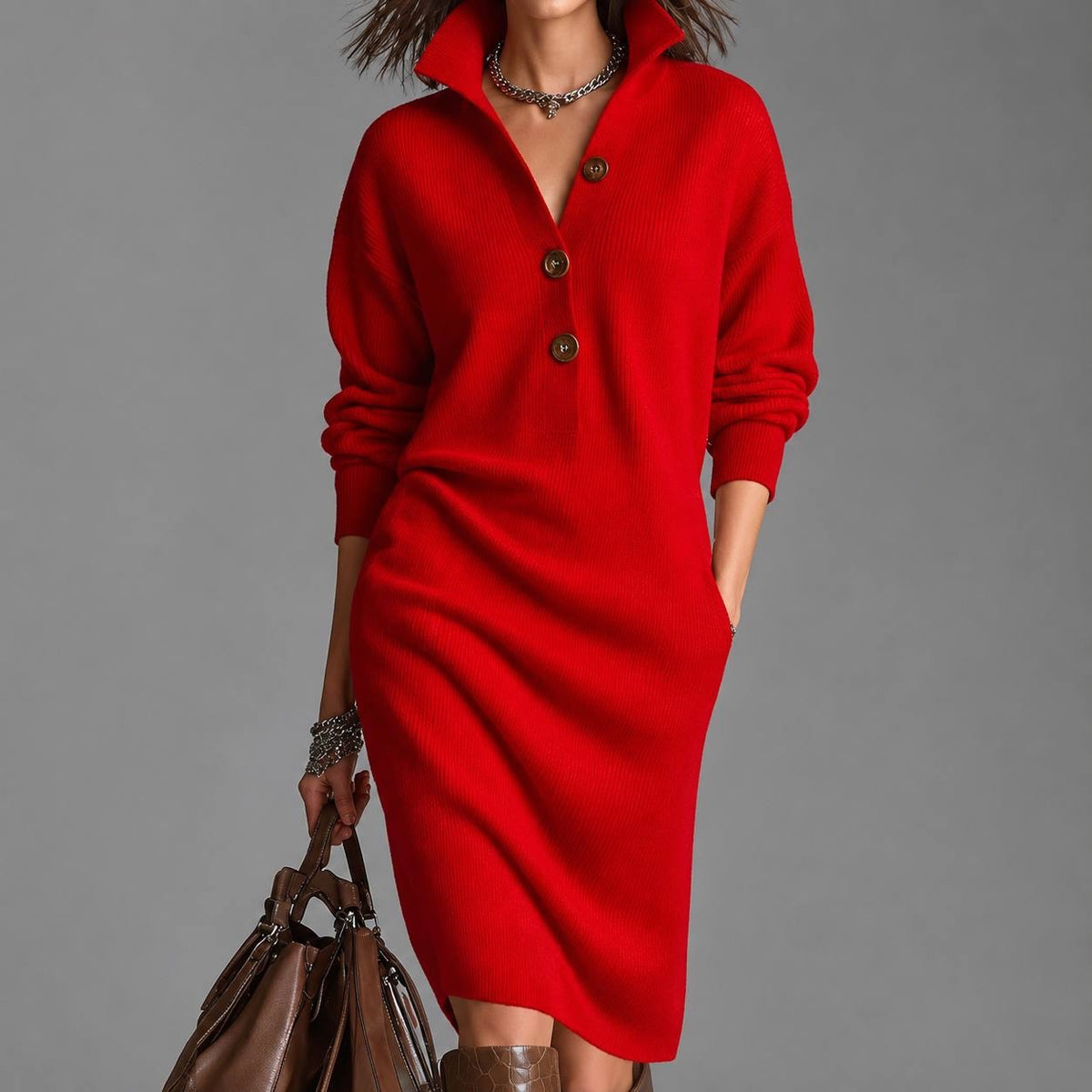 Relaxed Collared Sweater Dress With Three-Button Neckline – Red