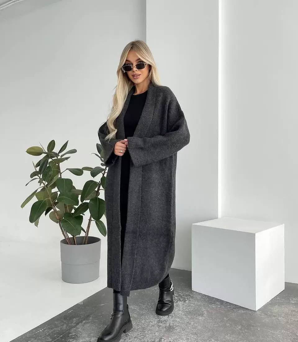 Longline Open-Front Cardigan With Relaxed Sleeves And Ribbed Trim – Charcoal