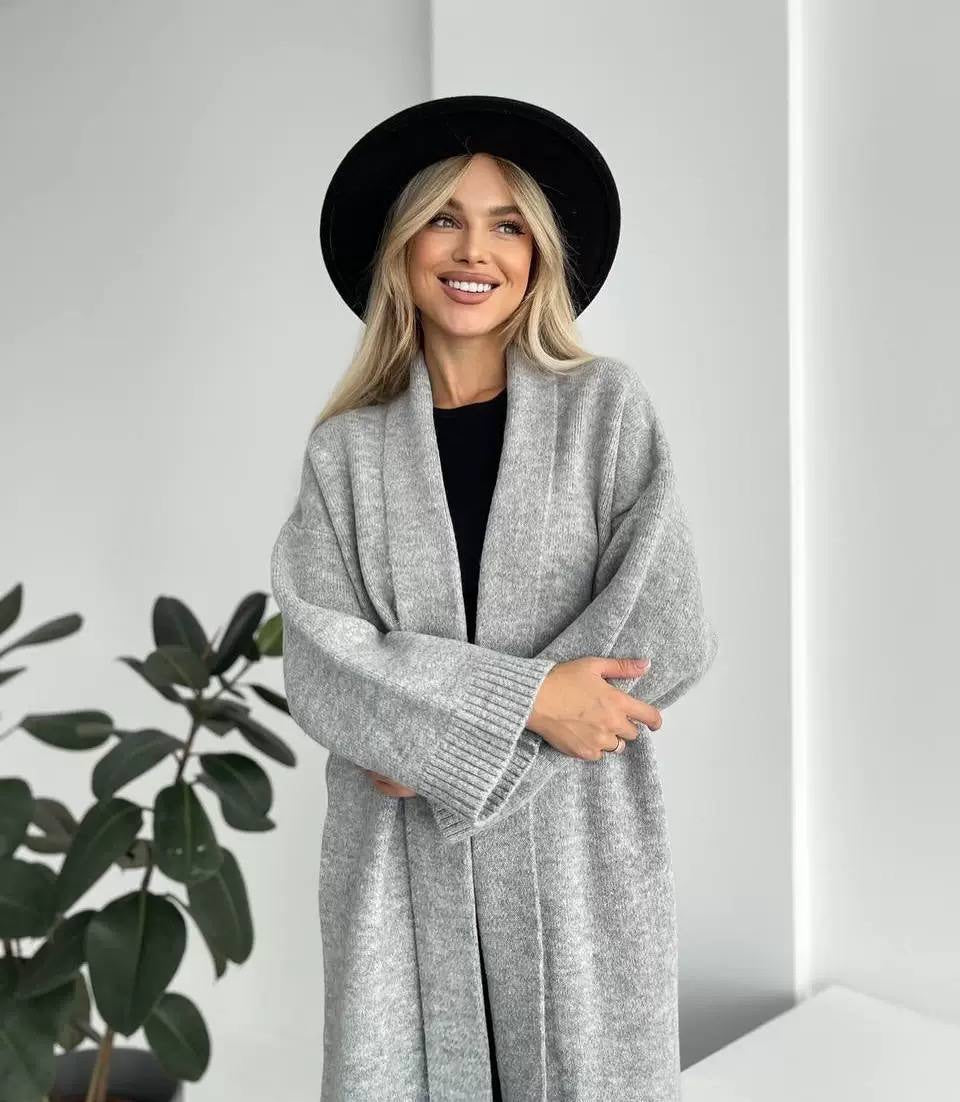 Longline Open-Front Cardigan With Relaxed Sleeves And Ribbed Trim – Light Grey