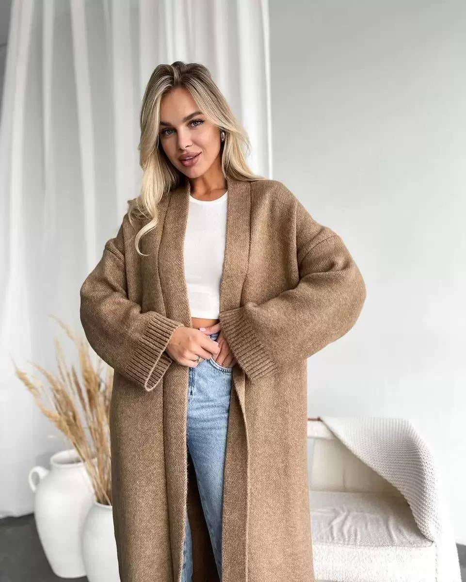 Longline Open-Front Cardigan With Relaxed Sleeves And Ribbed Trim – Camel