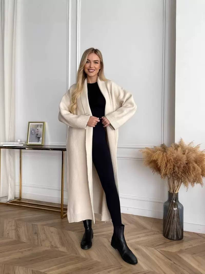 Longline Open-Front Cardigan With Relaxed Sleeves And Ribbed Trim – Cream