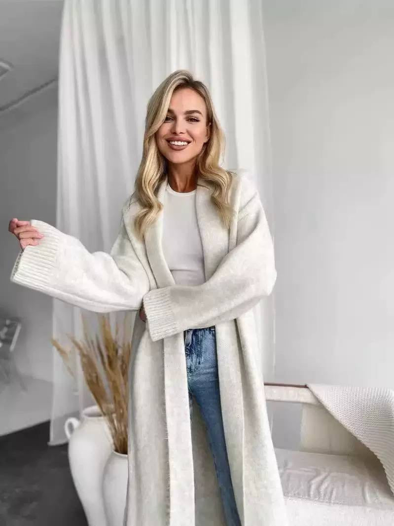 Longline Open-Front Cardigan With Relaxed Sleeves And Ribbed Trim – Cream