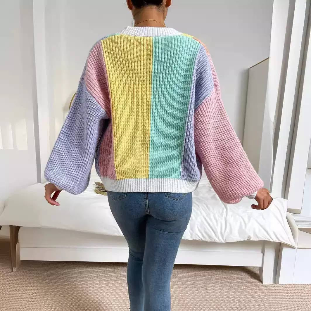Color Block Open-Front Cardigan With Balloon Sleeves – Pastel Multicolour