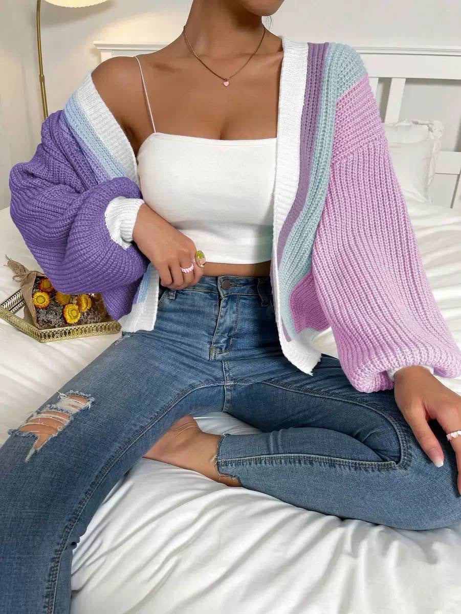 Color Block Open-Front Cardigan With Balloon Sleeves – Purple Colour Block