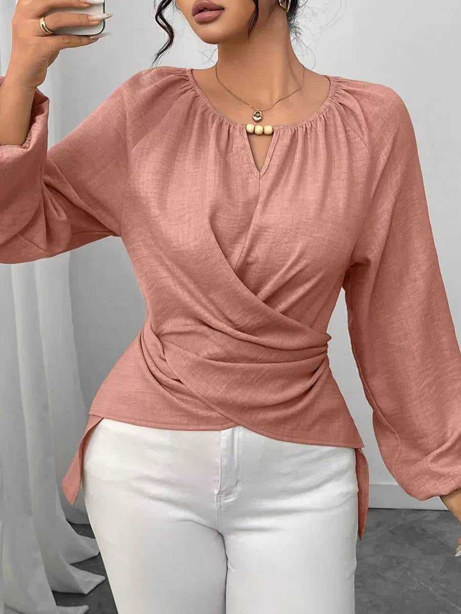 Long Sleeve Blouse With Beaded Keyhole and Draping – Pink