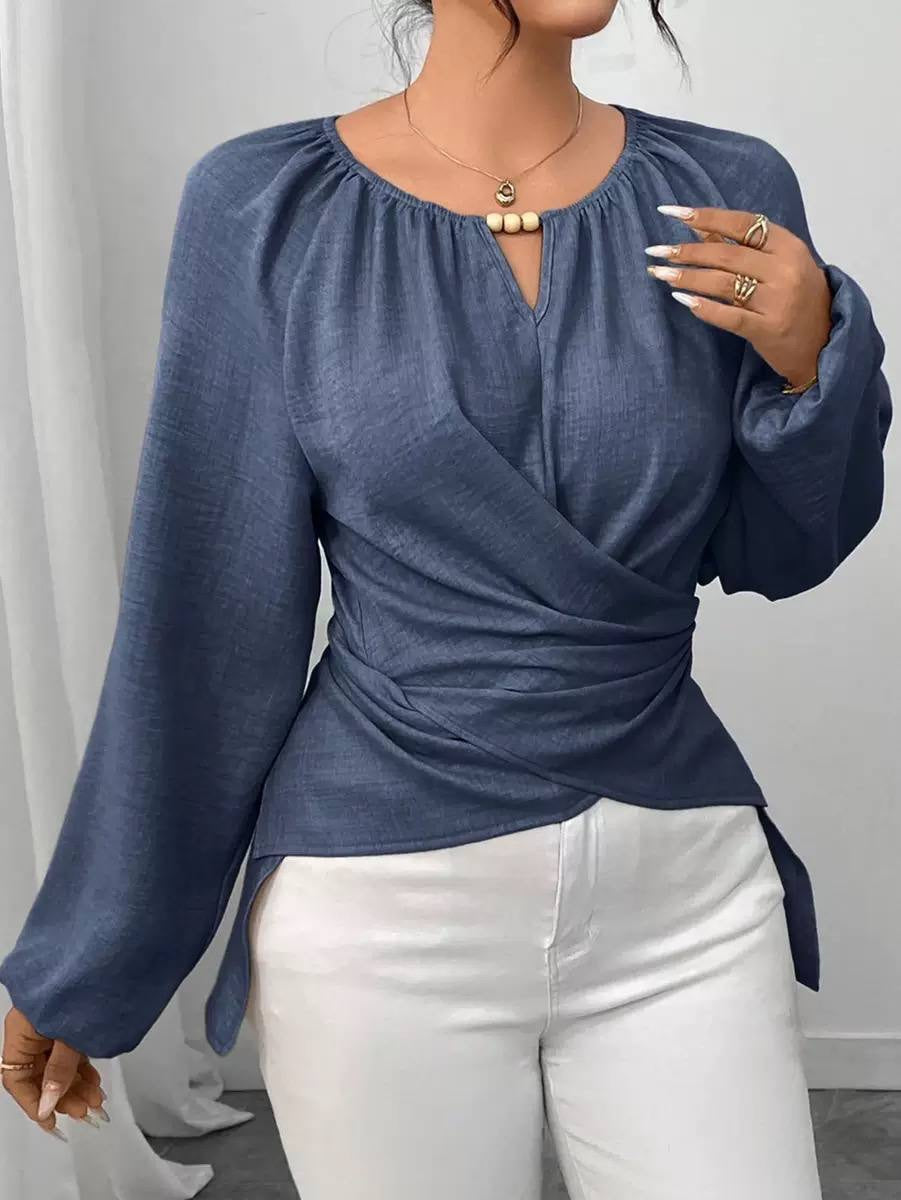 Long Sleeve Blouse With Beaded Keyhole and Draping – Blue