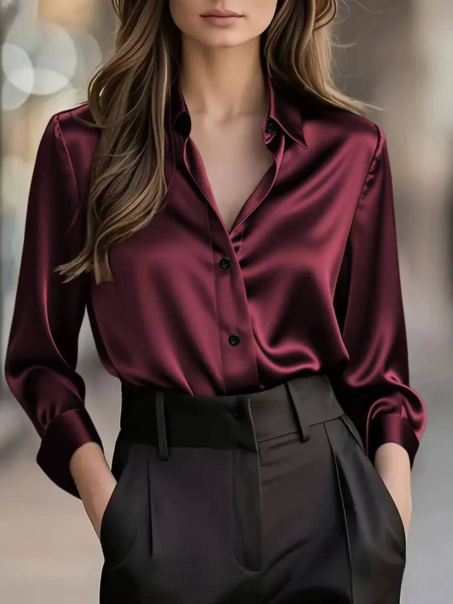 Long Sleeve Button-Front Blouse With Pointed Collar – Burgundy