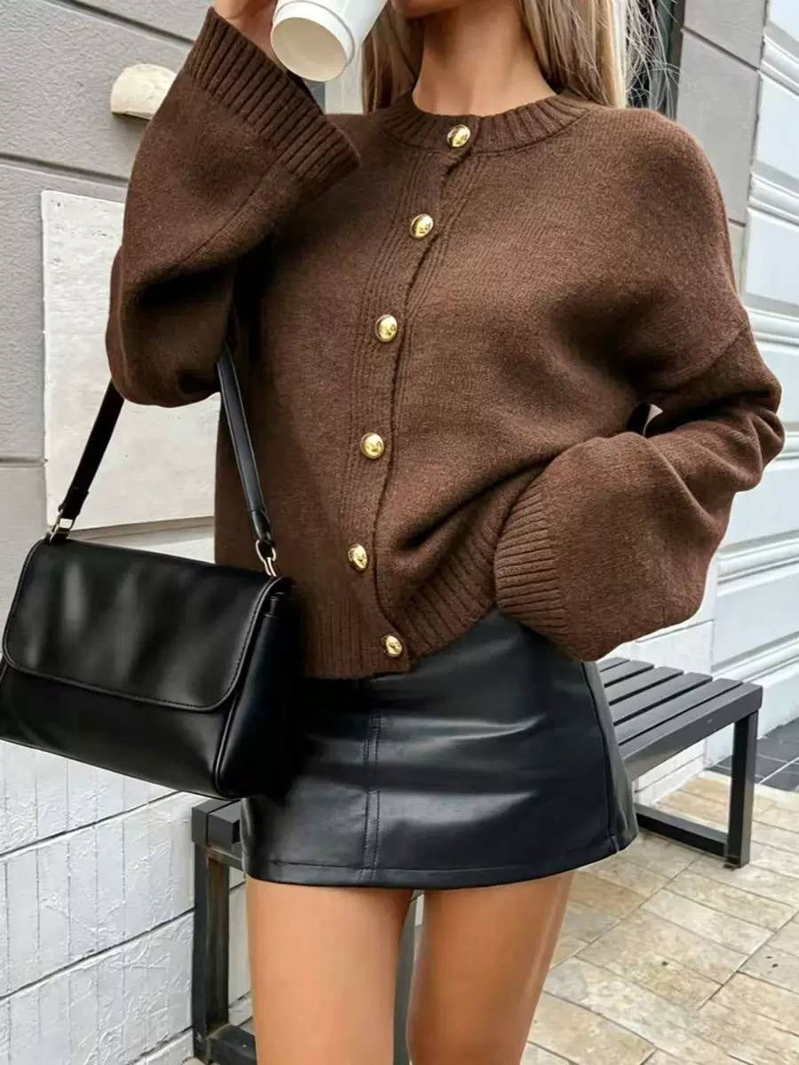 Relaxed Crewneck Button-Front Cardigan With Long Sleeves – Brown