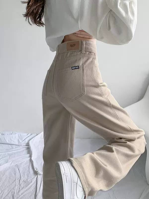 High-Waisted Wide-Leg Pants With Back Patch Pockets – Beige