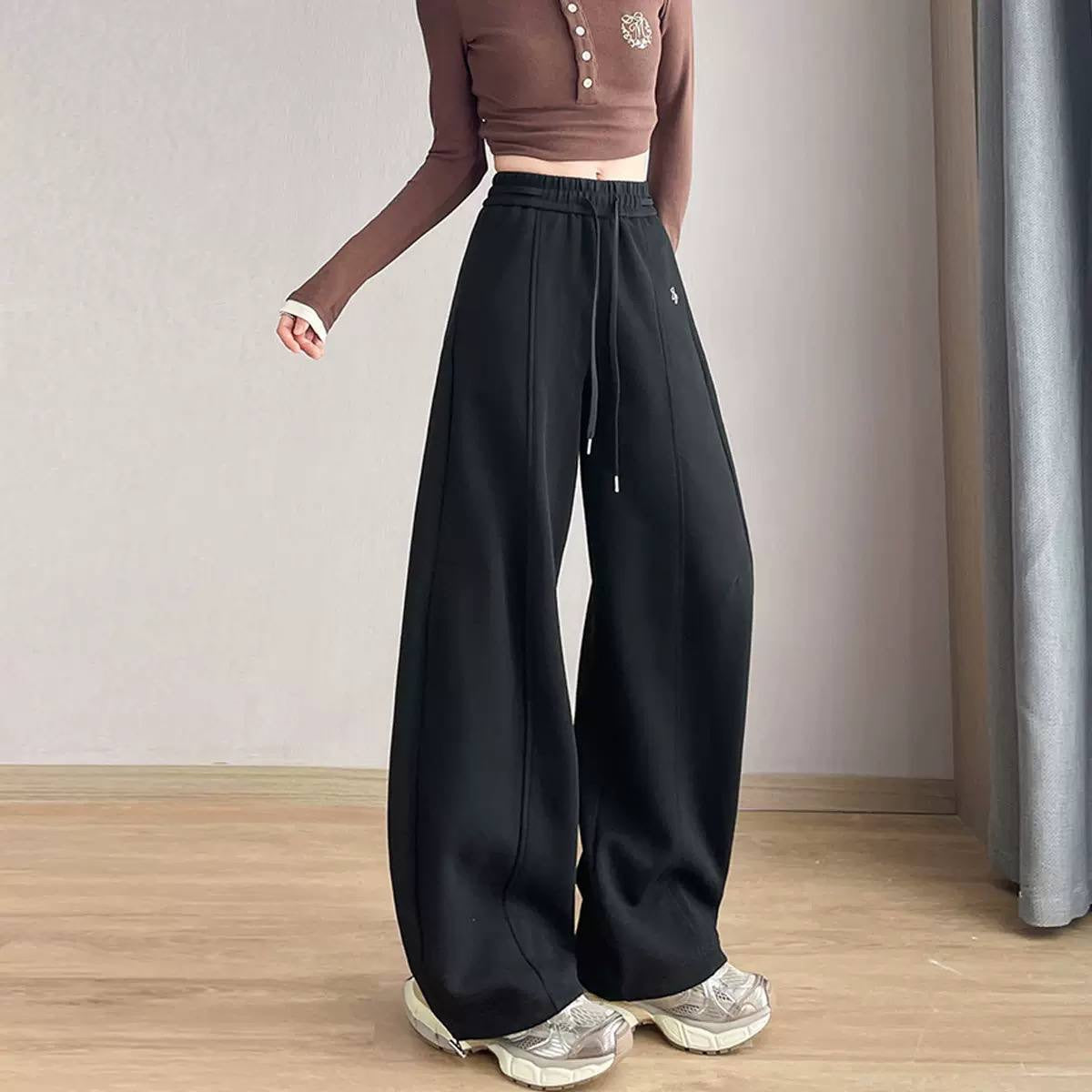 Drawstring Wide-Leg Pants With Front Seam Detailing – Black