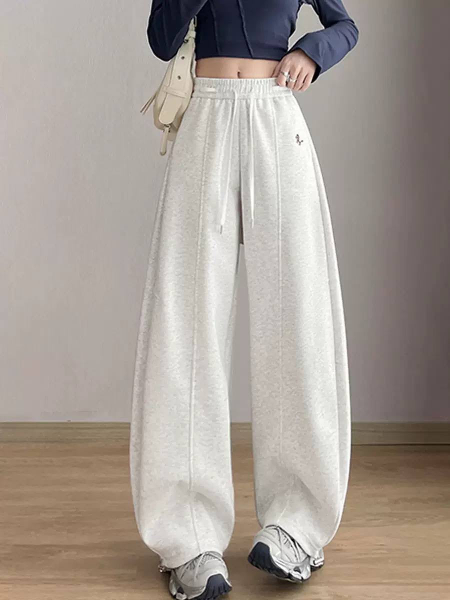 Drawstring Wide-Leg Pants With Front Seam Detailing – Light Grey