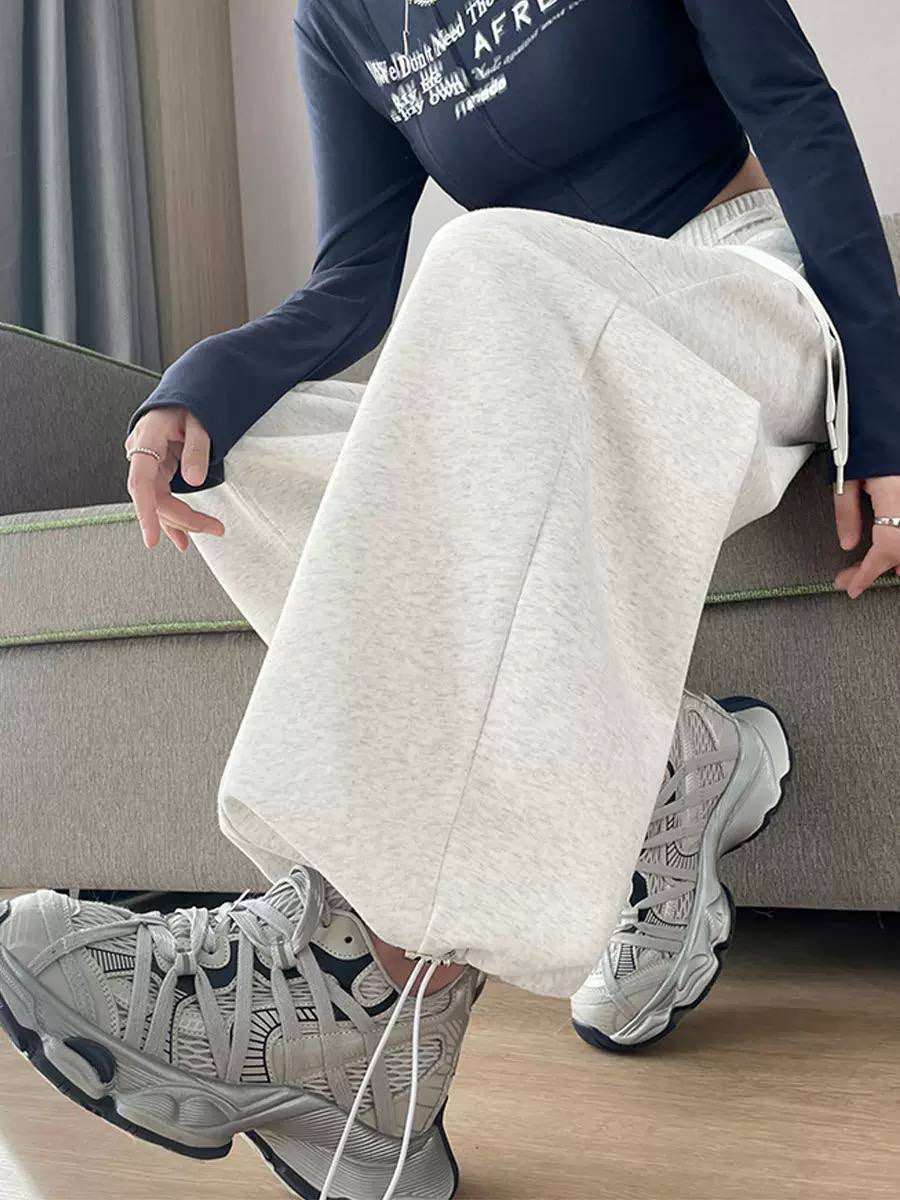 Drawstring Wide-Leg Pants With Front Seam Detailing – Light Grey