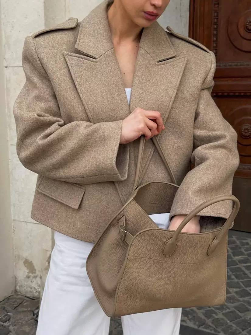 Structured Lapel Jacket With Shoulder Tabs and Flap Pockets – Beige
