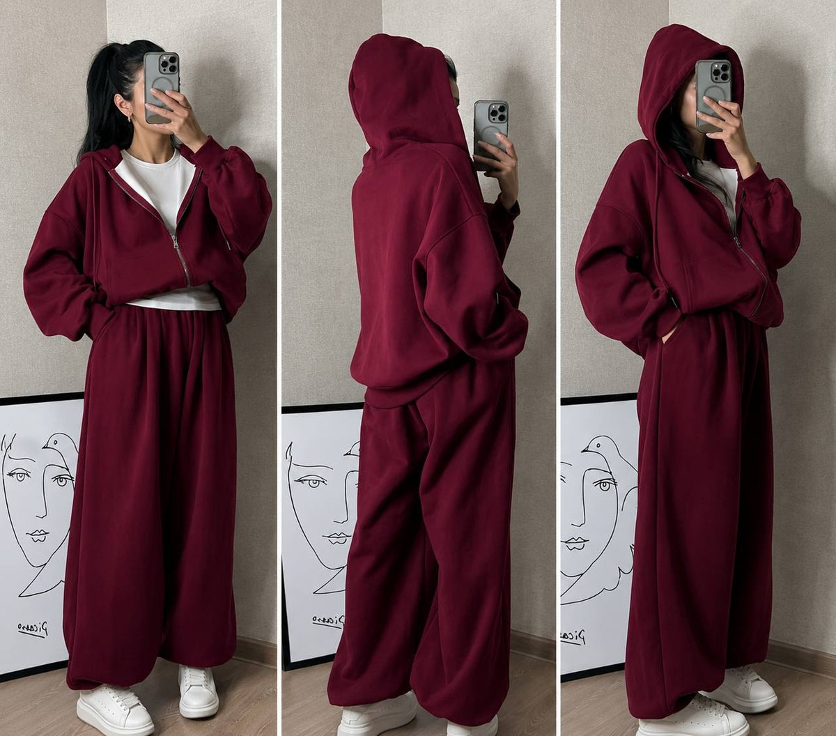 Oversized Zip-Up Hoodie And Balloon Pants Two-Piece Set – Burgundy