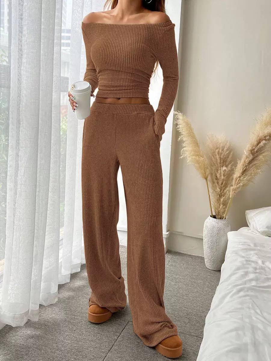 Ribbed Long Sleeve Top and Wide Leg Pants Set – Brown