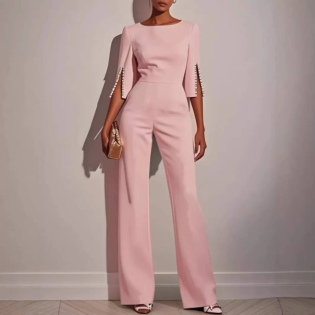 Embellished Split Sleeve Jumpsuit With Wide Legs – Pink