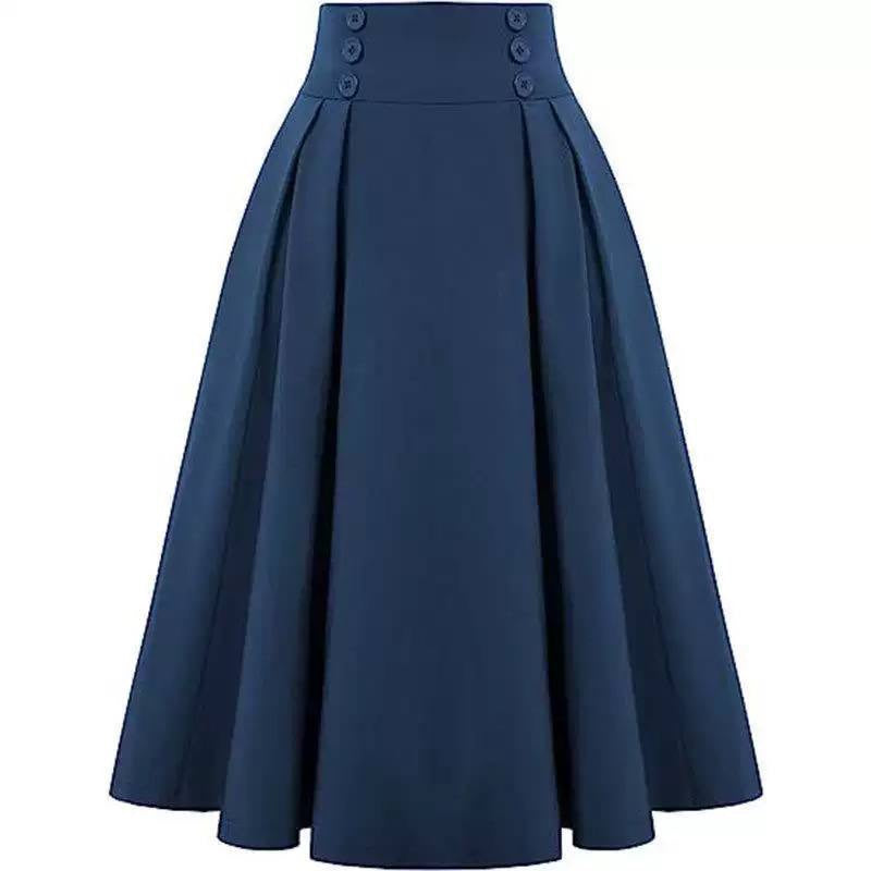 High-Waisted Pleated A-Line Skirt With Button Detailing – Navy