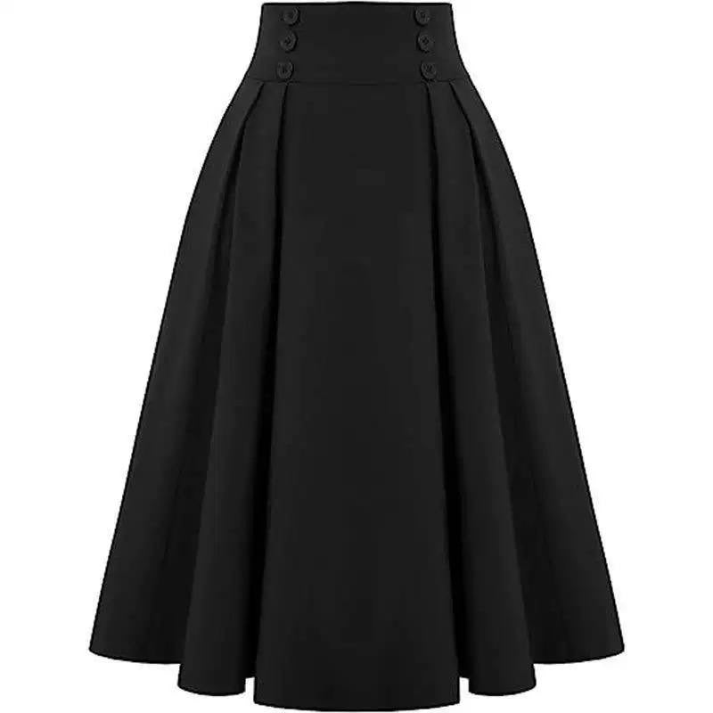 High-Waisted Pleated A-Line Skirt With Button Detailing – Black