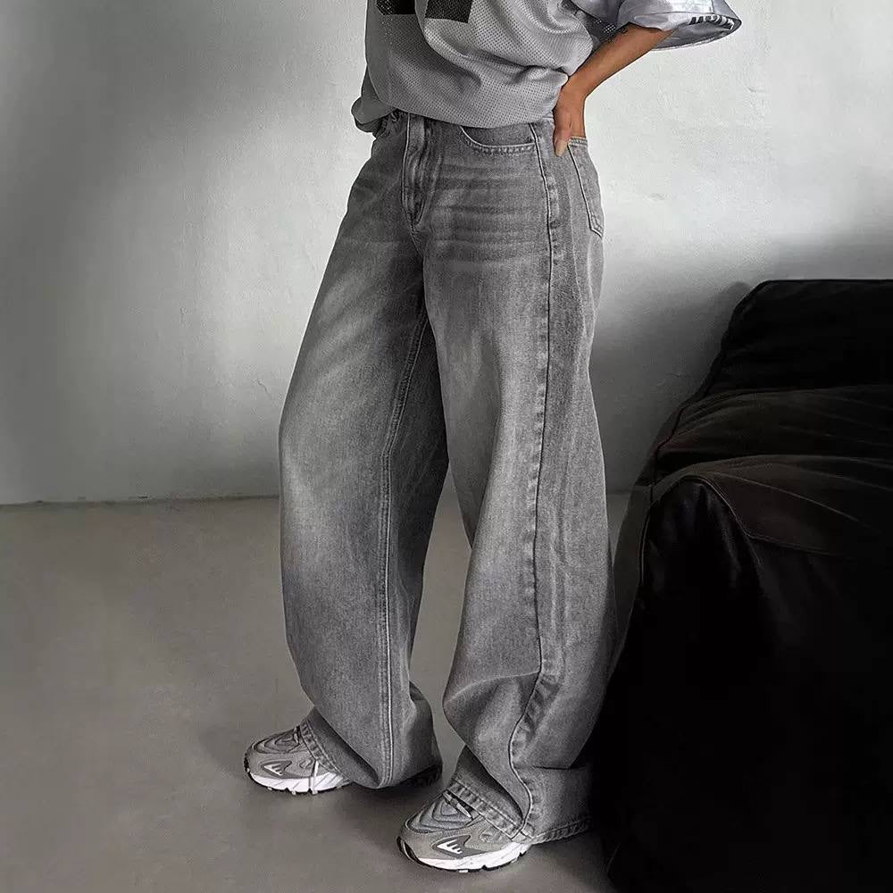 Relaxed Wide-Leg Jeans With Faded Detailing and Pockets – Grey