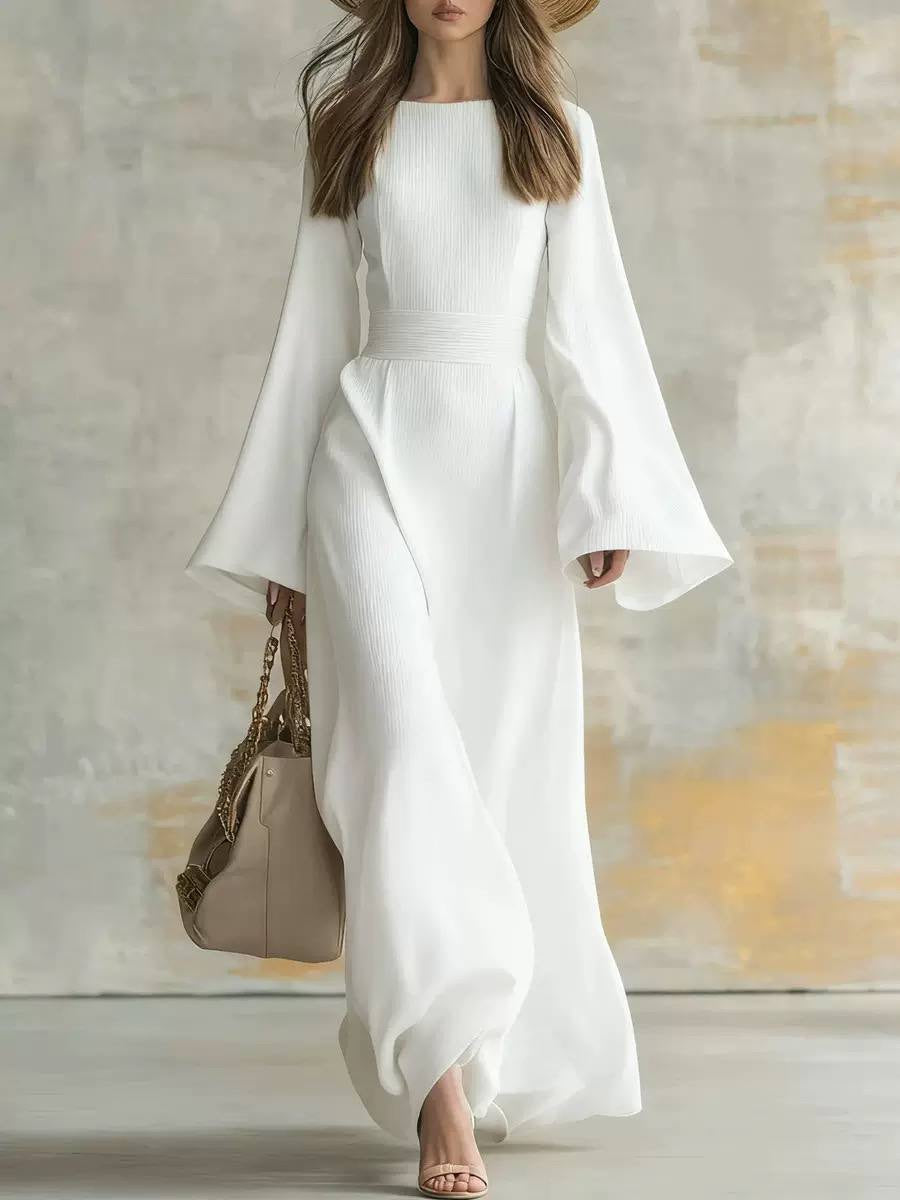 Textured Bell Sleeve Maxi Dress With Defined Waist – White