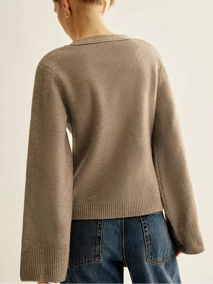 V-Neck Button-Front Cardigan With Wide Sleeves and Pockets – Taupe